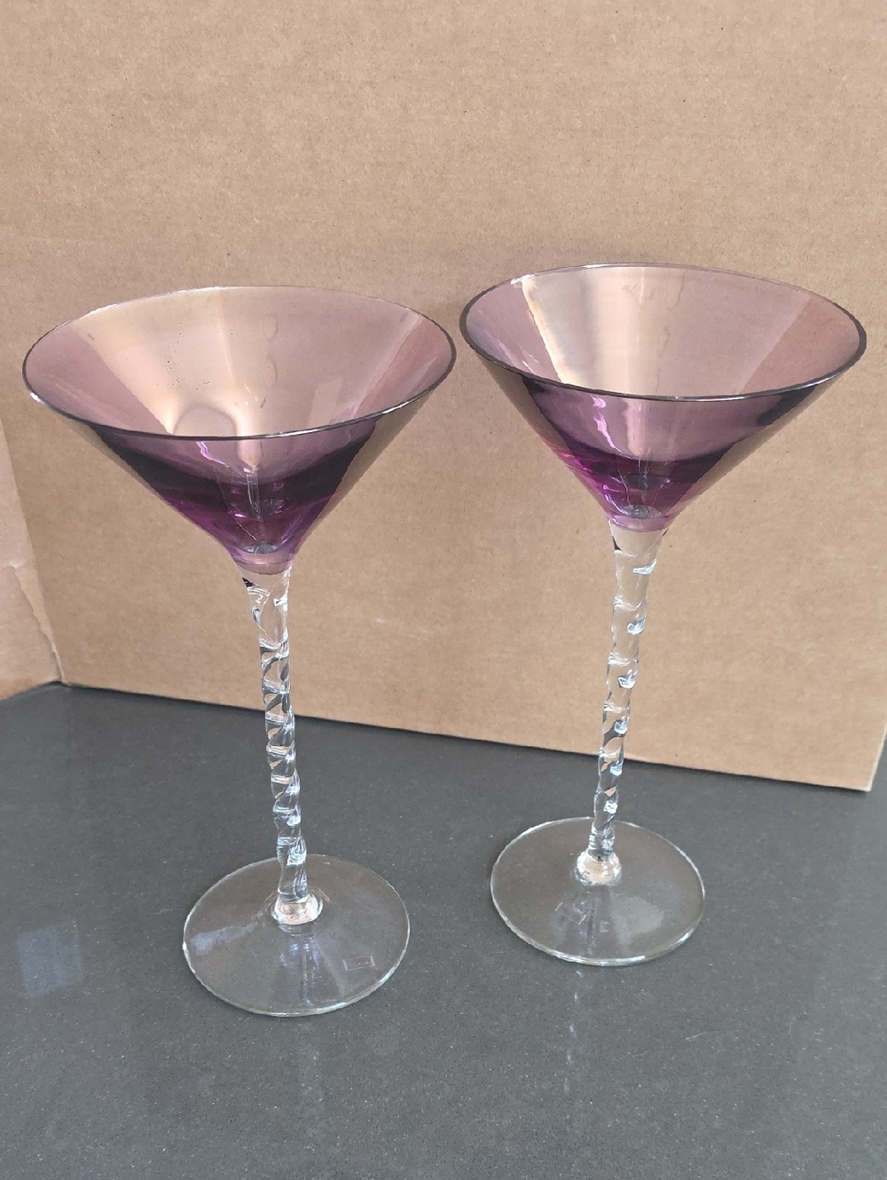 Set of 2 Purple Iridescent Long Stemmed Martini Glasses